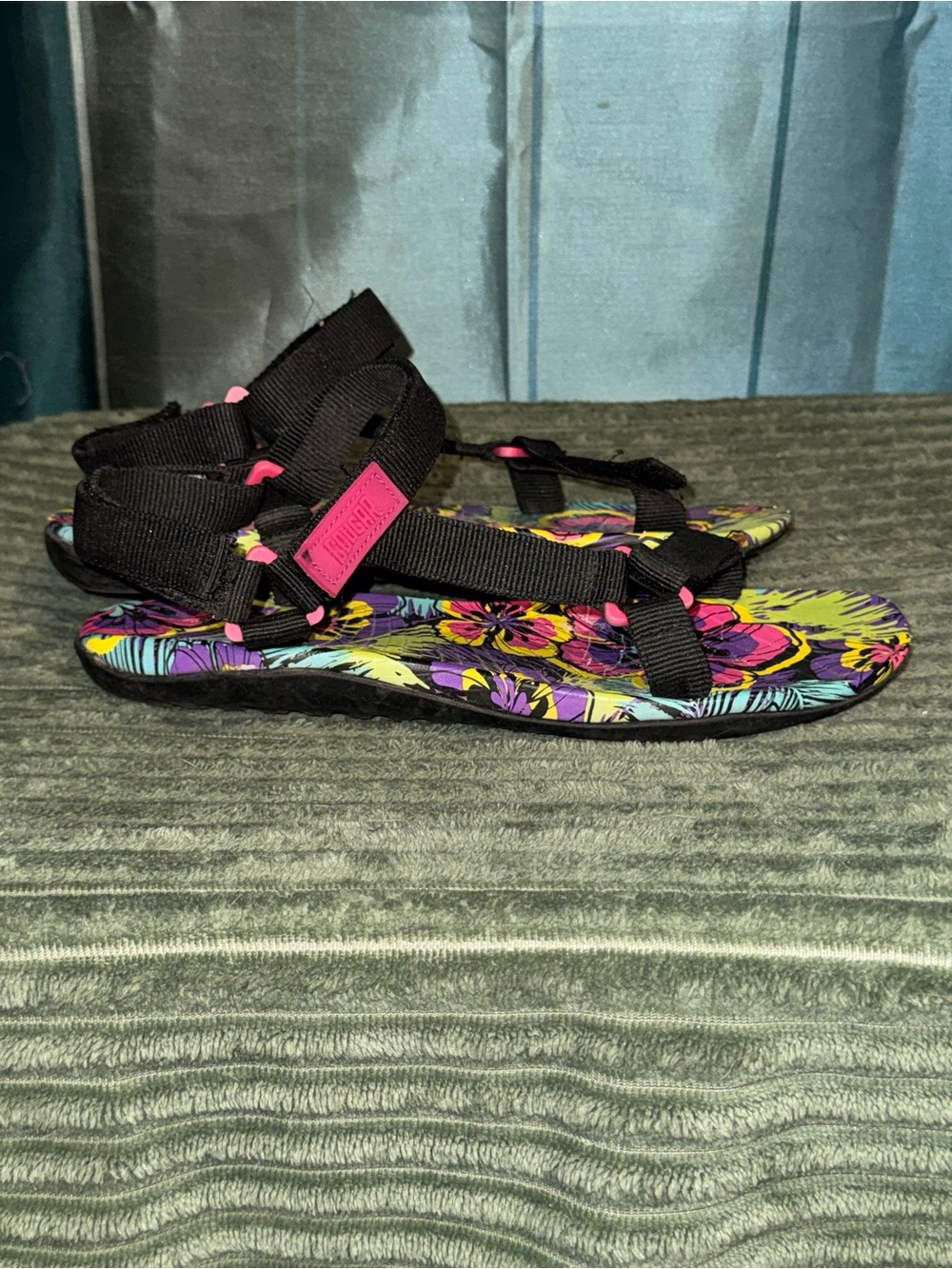 Cougar Black Strap Sandals with Bright Floral Footbed